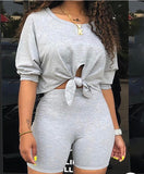 Solid Knotted Detail Sporty Top & Short Set