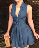 V-Neck Sleeveless Tie Waist Shirt Dress