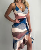 Colorblock Print Spaghetti Strap Ruffles Dress
