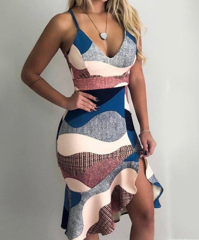 Colorblock Print Spaghetti Strap Ruffles Dress