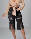 Fringe Cutout Elastic Capri Jeans