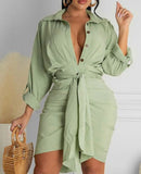 Long Sleeve Tie Design Shirt Dress
