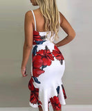Spaghetti Strap Floral Print Slit Ruffles Dress