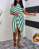 Striped Print One Shoulder Midi Dress