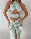 Halter Cutout Crop Top & High Slit Twisted Skirt Set