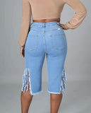 Fringe Cutout Elastic Capri Jeans