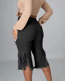 Fringe Cutout Elastic Capri Jeans