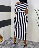 Striped Print One Shoulder Midi Dress