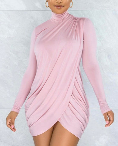 Asymmetrical Draped Long Sleeve Mini Dress