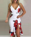 Spaghetti Strap Floral Print Slit Ruffles Dress