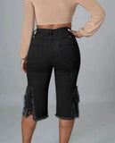 Fringe Cutout Elastic Capri Jeans