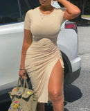 Short Sleeve Drawstring Ruched Skinny Dress