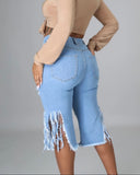 Fringe Cutout Elastic Capri Jeans